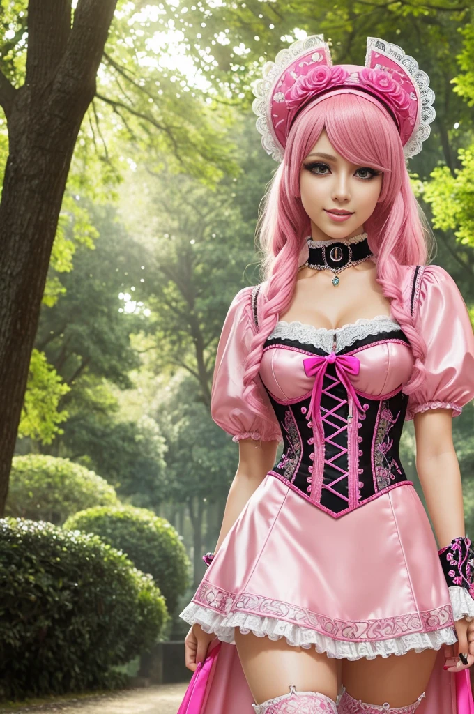sexy stylish Swedish model, only 1 female, long neon pink stylish hair, ultra detailed Victorian-Style boots, beautiful smile, ultra detailed eyes, vivid eye makeup, lipgloss, long lashes, defined eyebrows, ((sexy Paradise Kiss cosplay)), bell-shaped skirt, petticoats, high neckline, puffed sleeves, (( ultra detailed lace)), ((ultra detailed embroidery)), intricate details, Paradise Kiss accessoires and matching headpiece, choker, ((large sparkling Paradise Kiss jewelry)), cinematic light, detailed large park background with trees