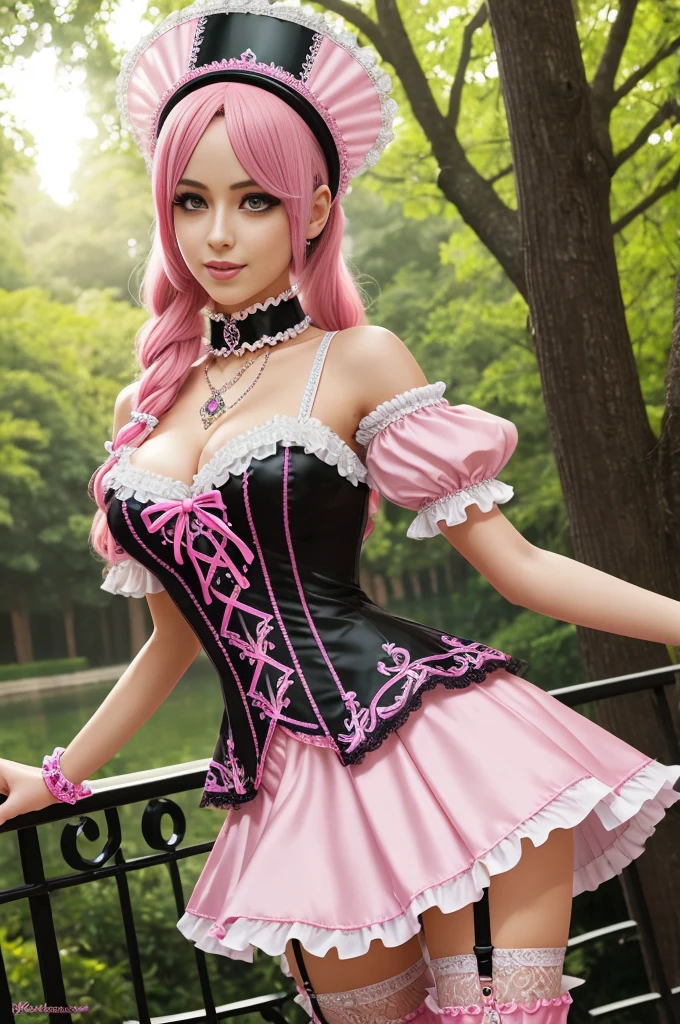 sexy stylish Swedish model, only 1 female, long neon pink stylish hair, ultra detailed Victorian-Style boots, beautiful smile, ultra detailed eyes, vivid eye makeup, lipgloss, long lashes, defined eyebrows, ((sexy Paradise Kiss cosplay)), bell-shaped skirt, petticoats, high neckline, puffed sleeves, (( ultra detailed lace)), ((ultra detailed embroidery)), intricate details, Paradise Kiss accessoires and matching headpiece, choker, ((large sparkling Paradise Kiss jewelry)), cinematic light, detailed large park background with trees 