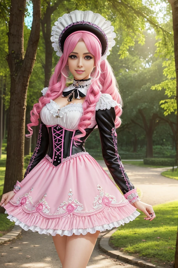 sexy stylish Swedish model, only 1 female, long neon pink stylish hair, ultra detailed Victorian-Style boots, beautiful smile, ultra detailed eyes, vivid eye makeup, lipgloss, long lashes, defined eyebrows, ((sexy Paradise Kiss cosplay)), bell-shaped skirt, petticoats, high neckline, puffed sleeves, (( ultra detailed lace)), ((ultra detailed embroidery)), intricate details, Paradise Kiss accessoires and matching headpiece, choker, ((large sparkling Paradise Kiss jewelry)), cinematic light, detailed large park background with trees