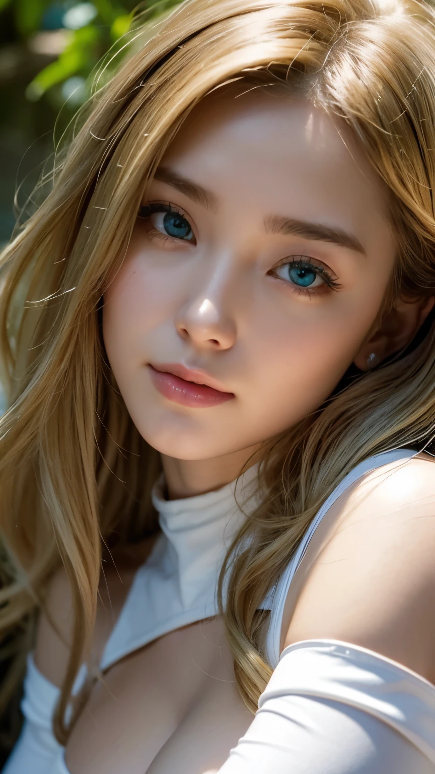 Strong light, Strong contrast, In an open-roofed cave、Sunlight shines through green moss and ferns。, And open( Ocean View:1.1) end, Cel-shaded rendering, 4K, 360 degrees, Equirectangular projection, what, One Girl, 30-year-old woman、Beautiful woman、Long Blonde Hair、White Latex Leotard、White long boots、White arm covers、masterpiece, 最high quality, high quality, High resolution, (((Face close-up)))、、Cleavage