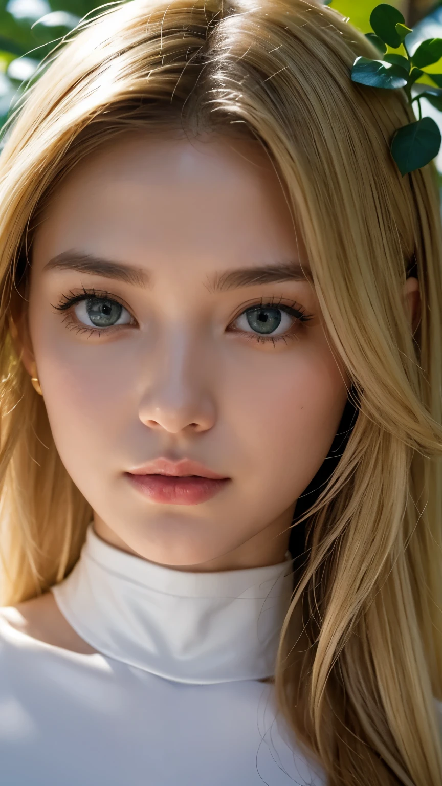 Strong light, Strong contrast, In an open-roofed cave、Sunlight shines through green moss and ferns。, And open( Ocean View:1.1) end, Cel-shaded rendering, 4K, 360 degrees, Equirectangular projection, what, One Girl, 30-year-old woman、Beautiful woman、Long Blonde Hair、White Latex Leotard、White long boots、White arm covers、masterpiece, 最high quality, high quality, High resolution, (((Face close-up)))、、Cleavage