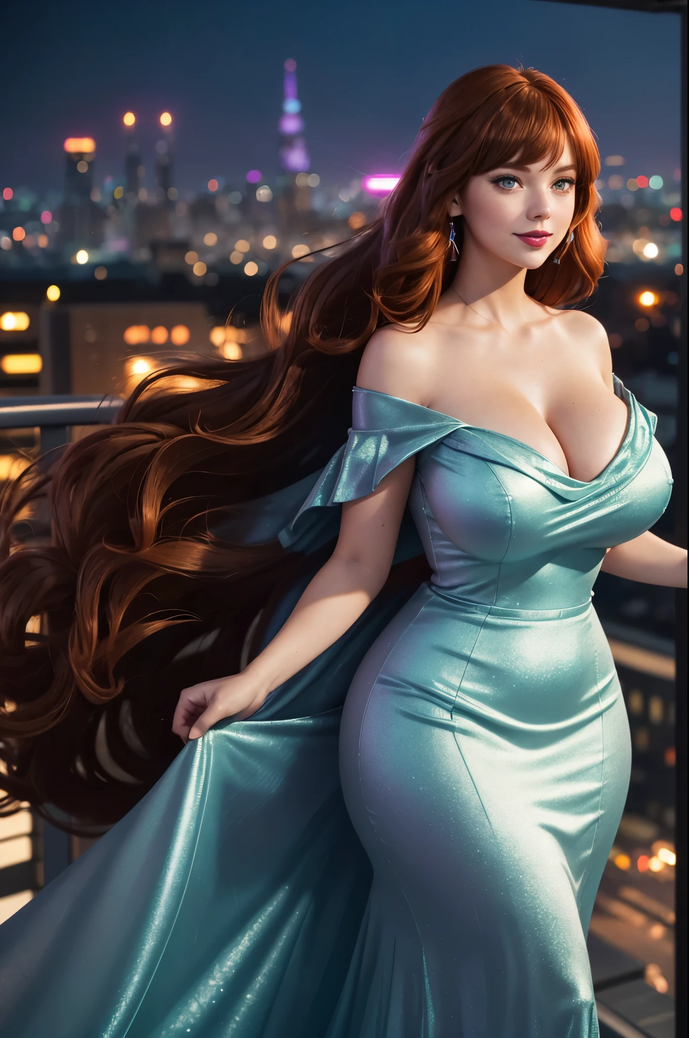 DisneyAurora 27 years old, ((( Taylor Swift:Emma Stone:0.7))) Beautiful woman (((shoulder length wavy auburn hair))) (bangs:1.2) (sparkling seafoam dress, long skirt) iridescent clothing (purple eyes) defined body, Red lipstick, smiling, hands free, standing, high tech cyberpunk city rooftop, night, (huge_breasts:1.4) (curvy:1.3)(chubby:1.3)