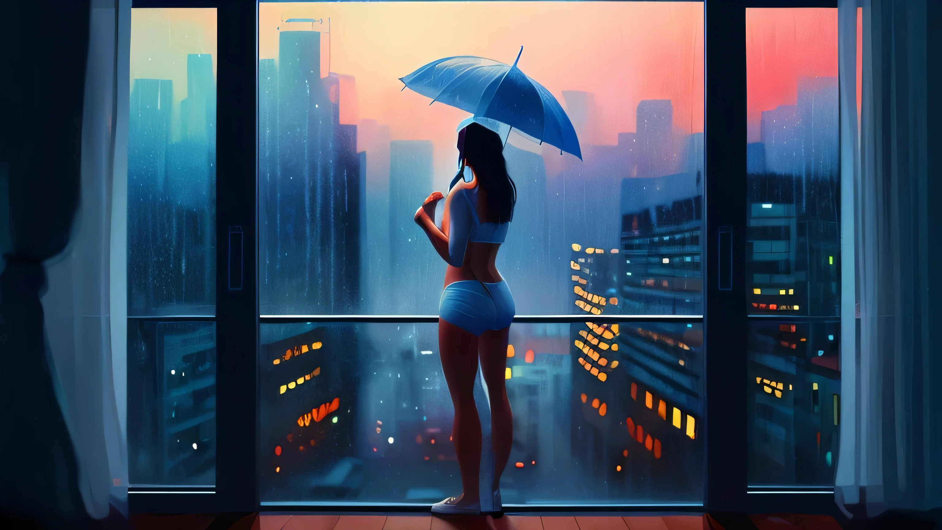 a woman standing in front of a window, looking out window, hand holding umbrella, wearing a white bikini, cityscape background, wearing headphones, a digital painting inspired by Alena Aenami, pixiv, realism, rainy night. digital illustration, blurred and dreamy illustration, blues, blurry and dreamy illustration, artistic. lo-fi illustration style,