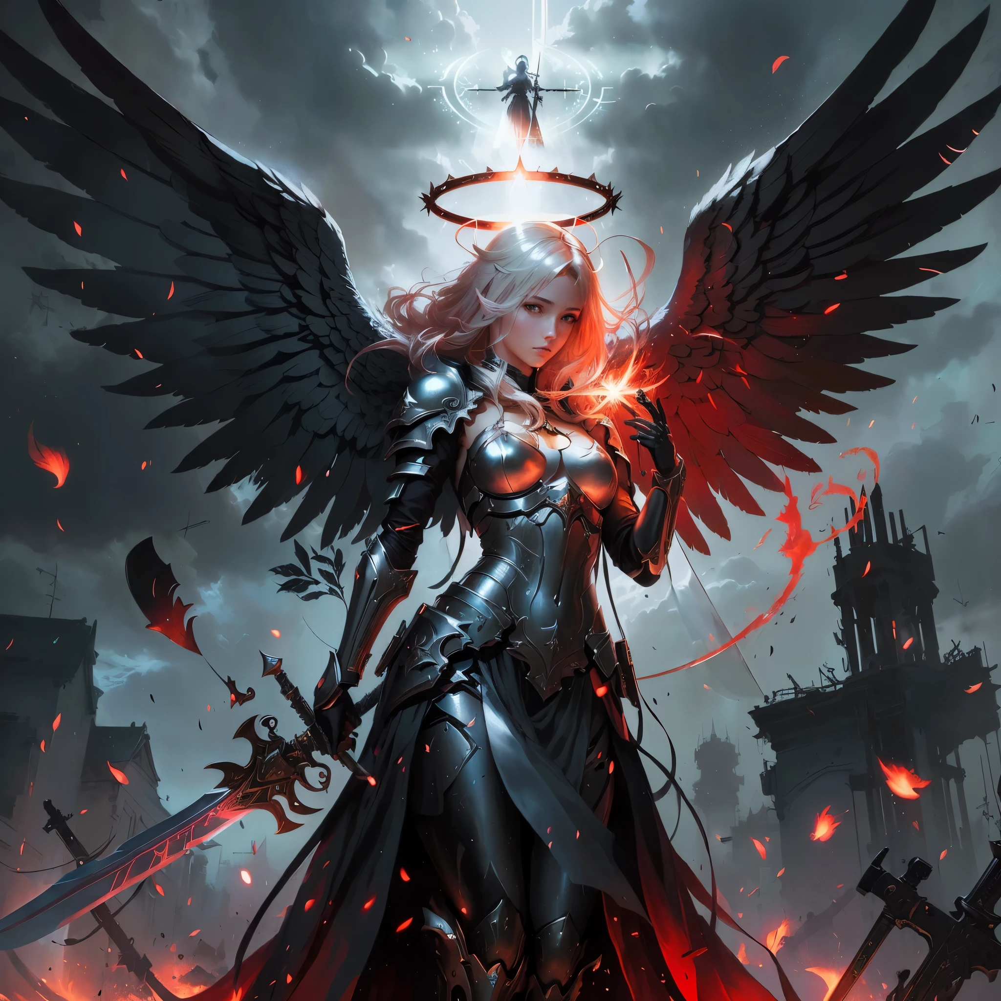anime - style image of a female angel with a sword and a halo, sacrifice, Bastien Lecouffe Deharme, bastien lecouffe - deharme, sacralidade, Magali Villeneuve&#39;, arquifada, Graphic artist Magali Villeneuve, arte da capa detalhada, obra-prima deusa da tristeza, angel knight gothic girl