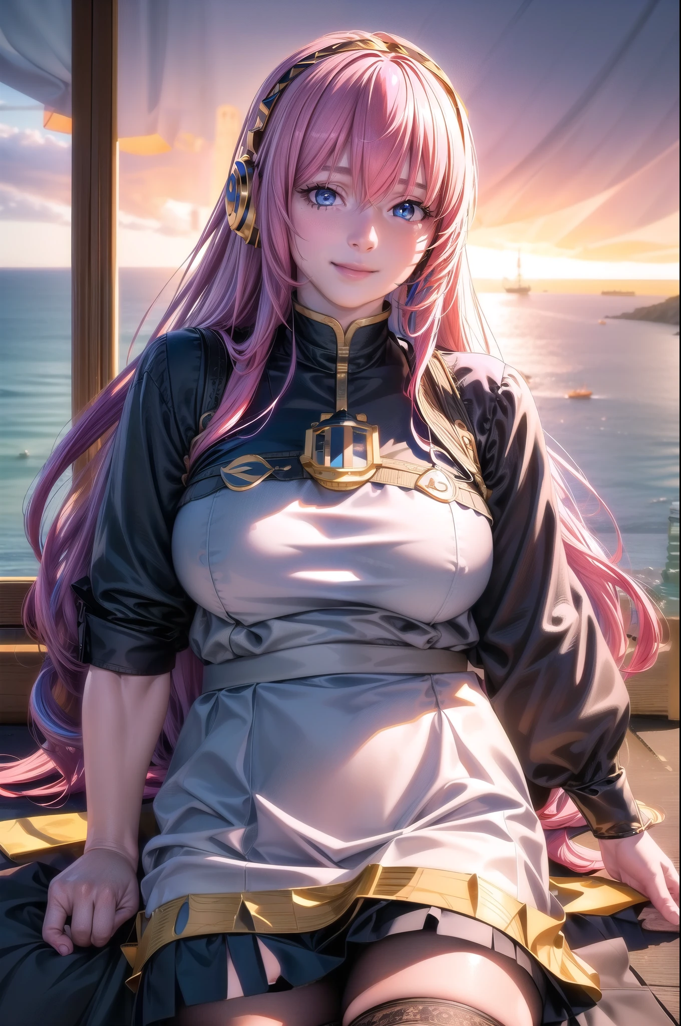 ((masterpiece)),,Highly detailed CG,unity 8k wallpaper,Super detailed,Lighthouse on top of a cliff by the sea,One mature woman,alone,Upper Body,(Portraiture:1.2),megurine luka,Long Hair,fringe,headset,Black Shirt,smile,blue eyes,Hair between the eyes,Big Breasts,Pink Hair,Black knee socks,Headphones,Black Skirt,Wrist cuff,Long skirt,((highest quality, 8K resolution, (Realistic, photoRealistic:1.37)),