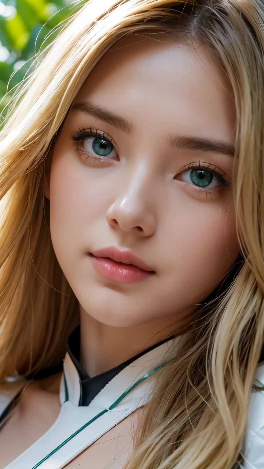 Strong light, Strong contrast, In an open-roofed cave、Sunlight shines through green moss and ferns。, And open( Ocean View:1.1) end, Cel-shaded rendering, 4K, 360 degrees, Equirectangular projection, what, One Girl, 30-year-old woman、Beautiful woman、Long Blonde Hair、White Latex Leotard、White long boots、White arm covers、masterpiece, 最high quality, high quality, High resolution, (((Face close-up)))、、Cleavage
