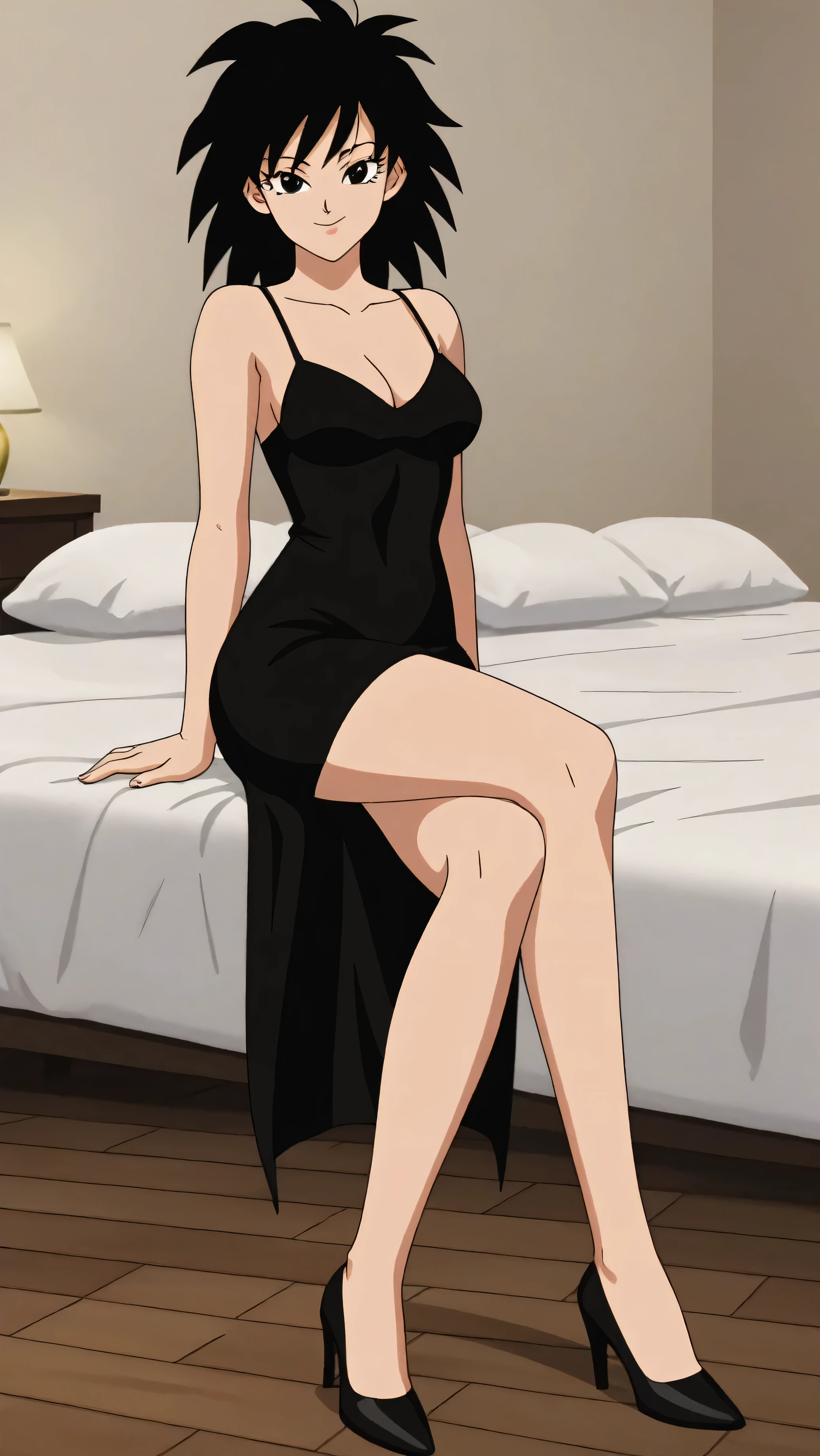 source_anime, score_9,score_8_up, score_7_up, ginedb, anime screencap, 1girl, solo, looking at viewer, smile, medium breasts, black hair, bare shoulders, medium breasts, smile, standing, cowboy shot, medium hair, black eyes, spiked hair, eyelashes, masterpiece, best quality, very aesthetic, absurdres, taut dress, spaghetti strap, black dress, sleeveless, sitting on her bed, black high heels, cowboy shot, legs crossed, indoor, bedroom, sexy pose, pinup, candles lights all over the floor