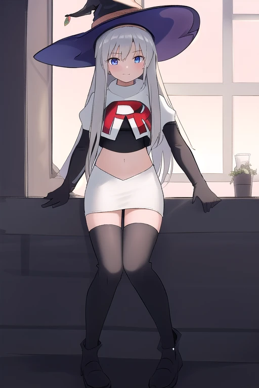 best quality, highly detailed, masterpiece, ultra-detailed, witch_hat, hat, 1girl, long_hair, solo, team rocket,team rocket uniform,white skirt,red letter R,crop top,black thigh-highs,black elbow gloves,looking_at_viewer, witch,