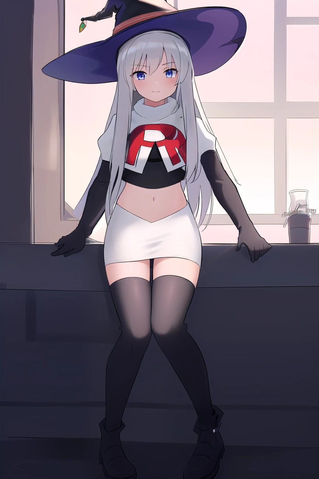 best quality, highly detailed, masterpiece, ultra-detailed, witch_hat, hat, 1girl, long_hair, solo, team rocket,team rocket uniform,white skirt,red letter R,crop top,black thigh-highs,black elbow gloves,looking_at_viewer, witch,