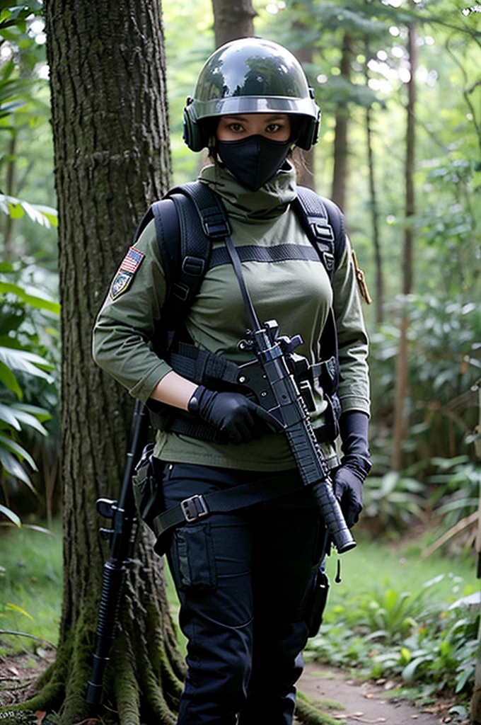 score_9, score_8_up, score_7_up, rating_safe, A tall woman with a generous breast, military clothing with ballistic protections, camouflage clothes are Green and brown colors, she has a large military backpack, a helmet that covers the face, under the helmet there is a black hood only the eyes are visible, on the helmet she have headset, it holds a black assault rifle with a viewfinder and a silencer in the hands and a gun and stores in the holster hung on his right thigh. a forest isekai is in the background, she have soda in pocket on legs and cereal bars, she pose and shooting me with effec