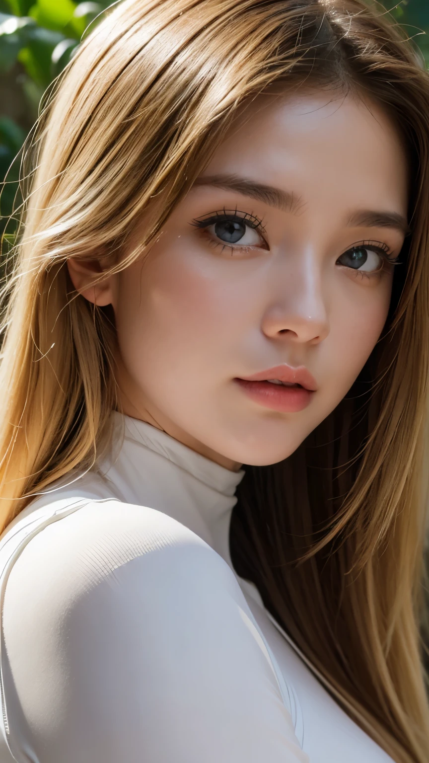 Strong light, Strong contrast, In an open-roofed cave、Sunlight shines through green moss and ferns。, And open( Ocean View:1.1) end, Cel-shaded rendering, 4K, 360 degrees, Equirectangular projection, what, One Girl, 30-year-old woman、Beautiful woman、Long Blonde Hair、White Latex Leotard、White long boots、White arm covers、masterpiece, 最high quality, high quality, High resolution, (((Face close-up)))、、Cleavage