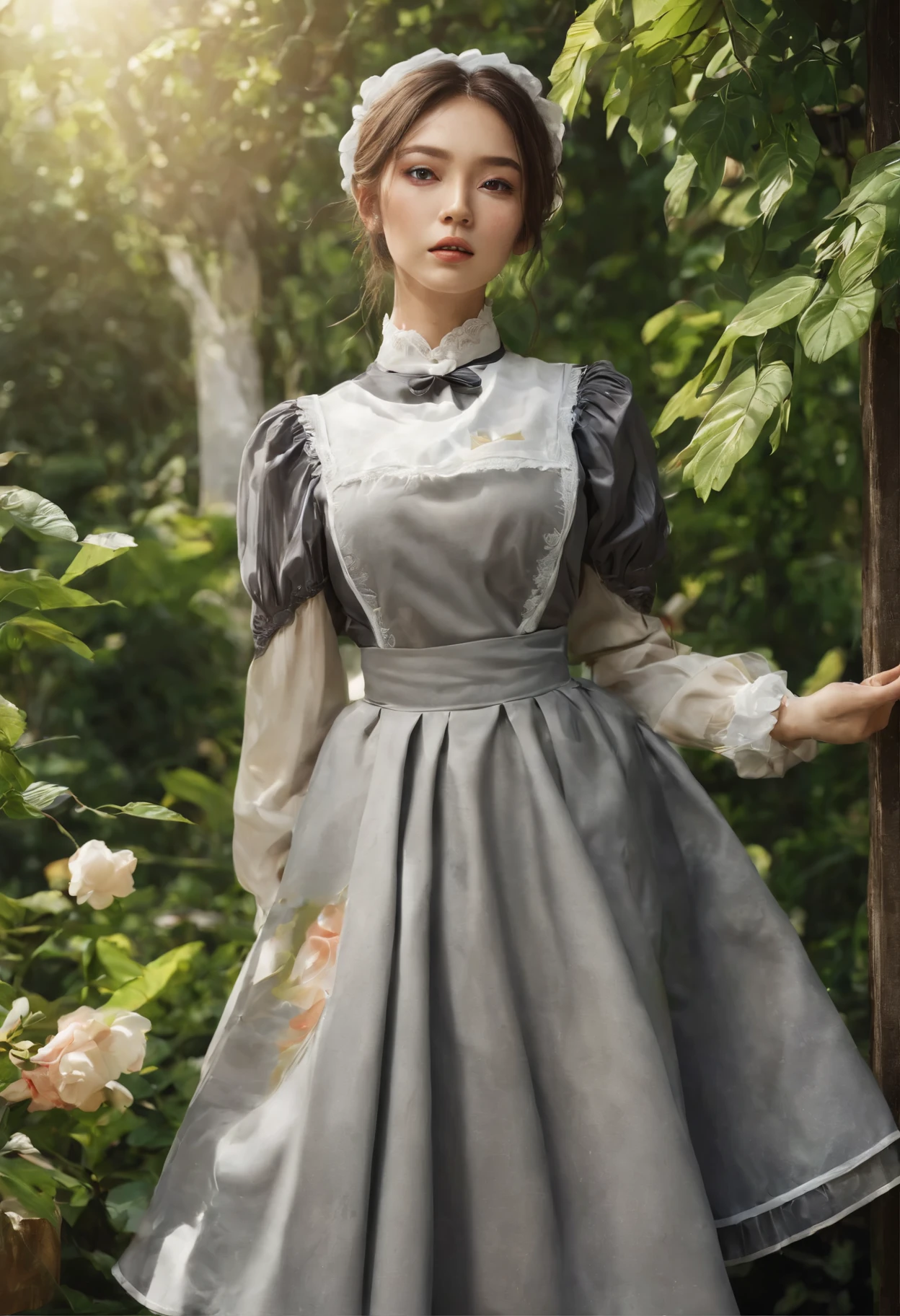 Beautiful young woman in a lush garden、Detailed顔の特徴、Detailed(Maid clothes:1.3)、Calm expression、Detailed花、Sunlight filtering through the trees、Bright colors、Realistic、非常にDetailed、oil、Dramatic lighting、Cinematic composition