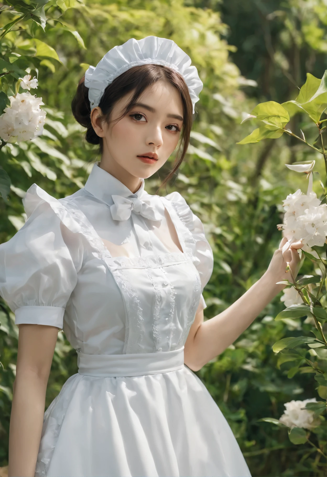 Beautiful young woman in a lush garden、Detailed顔の特徴、Detailed(Maid clothes:1.3)、Calm expression、Detailed花、Sunlight filtering through the trees、Bright colors、Realistic、非常にDetailed、oil、Dramatic lighting、Cinematic composition