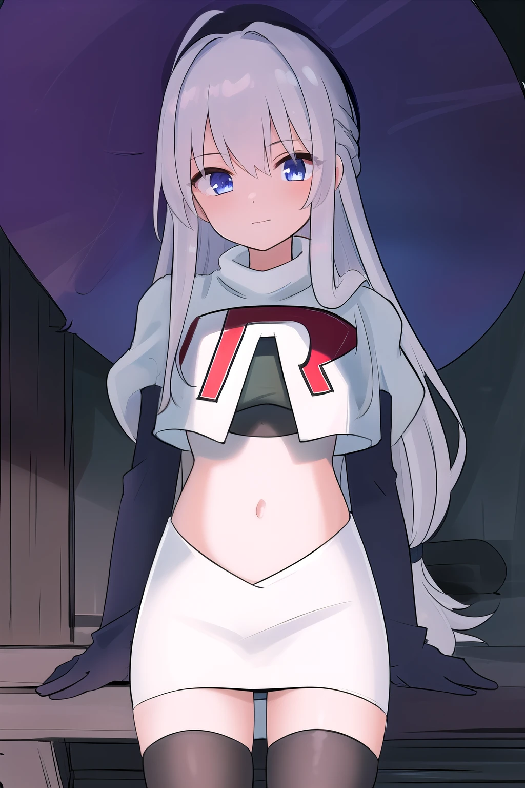 best quality, highly detailed, masterpiece, ultra-detailed, witch_hat, hat, 1girl, long_hair, solo, team rocket,team rocket uniform,white skirt,red letter R,crop top,black thigh-highs,black elbow gloves,looking_at_viewer, witch,