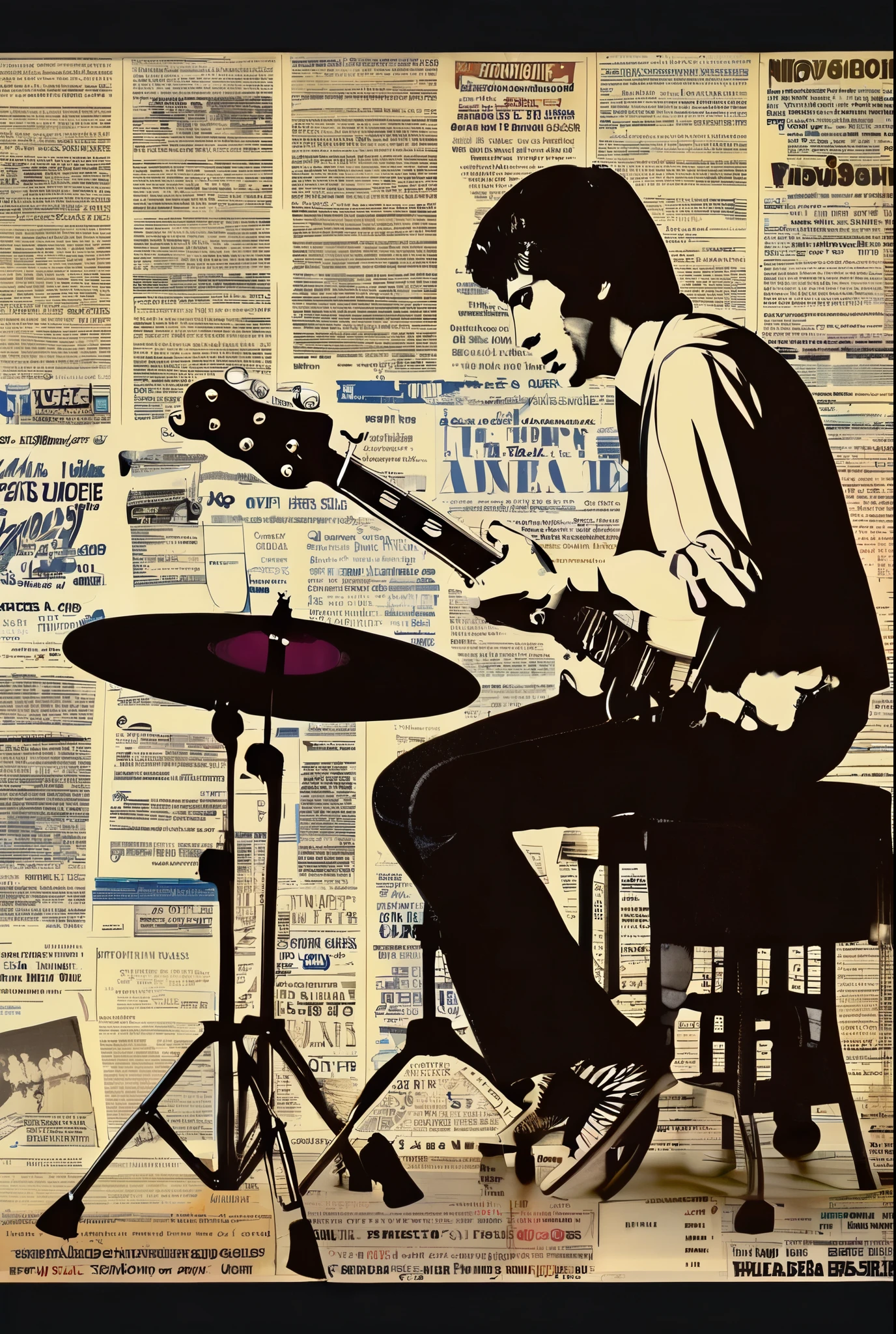 A depiction of a ficticious poster representing music from the 1960's to 1990, in a Nostalgic style for artists like, Hits from my younger days, Roxette, Alanis Morrisette, Annie Lennox, Ah-ha, Take That, Roy Orbison, Beach Boys, Cat Stevens, Kenny Rogers, BZN, Queen, Eddie Grant, Bob Dylan, faded news paper, brown paper bag, Style old movie posters 1968 to 1977, written in two word at the top, in red lines and bold font, N O S T A L G I E, V O L 1, with better resolution image, news paper print, almost 3D, lead drummer from the Beatles on his drums