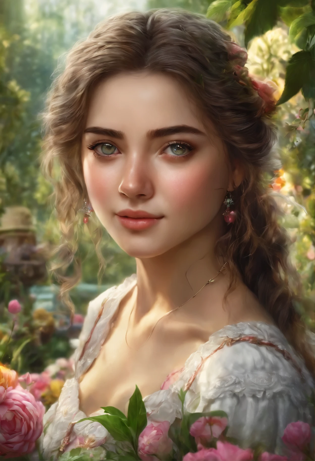 Beautiful young woman in a lush garden、Detailed facial features、Detailed maid outfit、Calm expression、Detailed Flowers、Sunlight filtering through the trees、Bright colors、Realistic、Very detailed、oil、Dramatic lighting、Cinematic composition