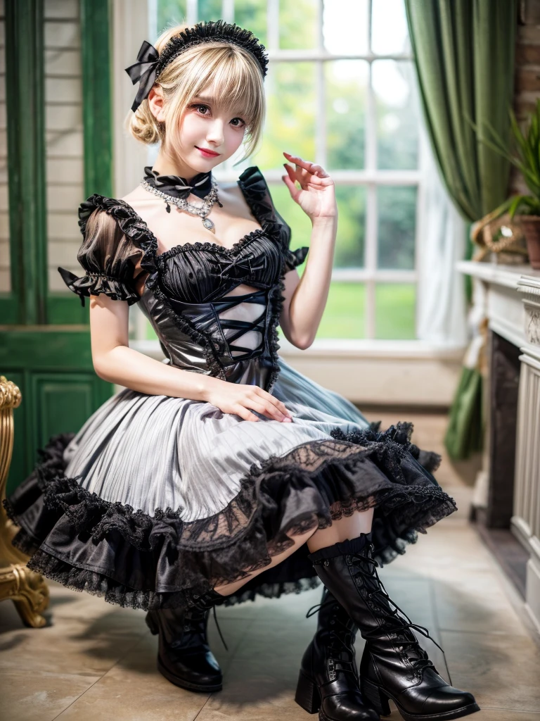 (8K, Photorealistic, Raw photo, of the highest quality: 1.3), (1girl in), Super beautiful, (Realistic face), (boyish, Silver Color Berry Shorthair), Beautiful , Glare that captivates the viewer, Beautiful expression, Beautiful breasts, (Realistic skin), Be...Super high quality, super high definition, super detailed, masterpiece, 20years old, female, cute, perfect face, beautiful, nice body, gothic lolita clothes, gothic lolita fashion, frilly skirt, headdress, necklace, bracelet, knee-high socks, boots, double eyelids, tear bags, Detailed down to the fingers, photo-like description, indoors, dim indoor lighting, blonde hair, pony tail, standing, whole body, composition that shows the whole body, smiling