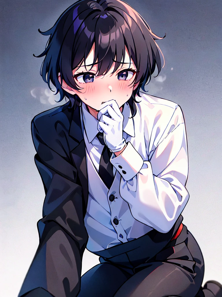 16-year-old boy，cute，Wear a white long-sleeved shirt and a black work tie，Wear black pants，Wear black booties，Wear white gloves，Black hair，Black eyes，blush，sweat，shy，Slobber，little porn，Close-up photo