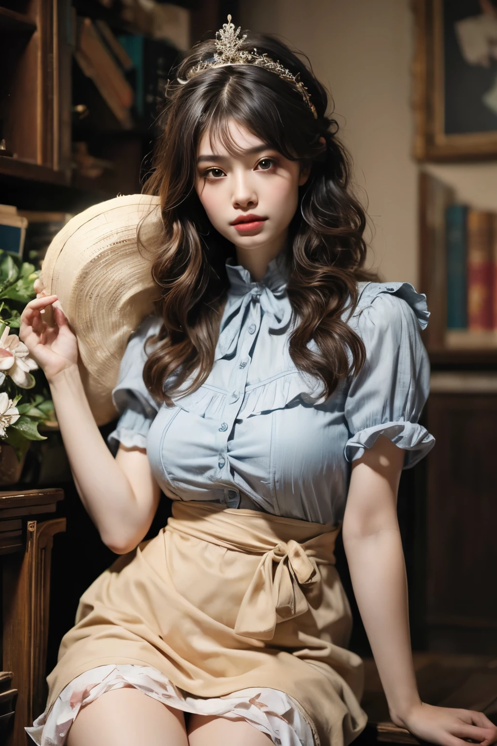 One girl、translucentnoメイド服、Very beautiful girl、Very detailed、Intricate details、delicateな特徴、Perfect Skin、long flowing hair、Detailed eyes、Detailed lips、Captivating Gaze、Graceful pose、Graceful Movement、Soft lighting、Warm color palette、Ethereal、dream-like、delicate、translucent、Thin fabric、Sparkling、Shine、Calm、Cinematic、Realistic、8k、High resolution、masterpiece、Digital Art、Very wide short skirt、petticoat、dress、apron、Frills、Headpiece、