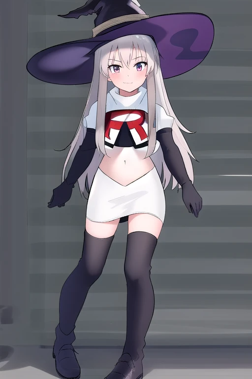 best quality, highly detailed, masterpiece, ultra-detailed, witch_hat, hat, 1girl, long_hair, solo, team rocket,team rocket uniform,white skirt,red letter R,crop top,black thigh-highs,black elbow gloves,looking_at_viewer, witch,
