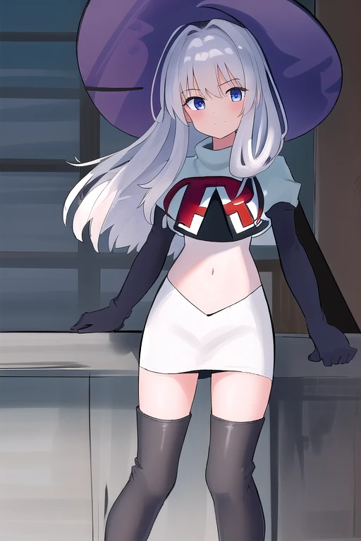 best quality, highly detailed, masterpiece, ultra-detailed, witch_hat, hat, 1girl, long_hair, solo, team rocket,team rocket uniform,white skirt,red letter R,crop top,black thigh-highs,black elbow gloves,looking_at_viewer, witch,