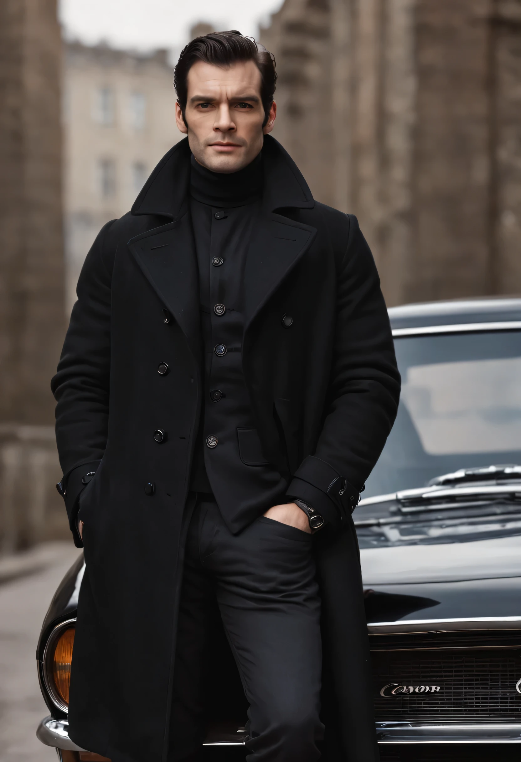 Homem de Arafed encostado em um carro com um casaco preto, he is wearing a black overcoat, vestindo uma gola alta e jaqueta, wearing sobretudo preto, editado, homem bonito, by Austin English, classic bond iconic photo, sobretudo preto, Henry Cavill como James Bond, for gq, fotografia editorial, no estilo Roger Deakins
