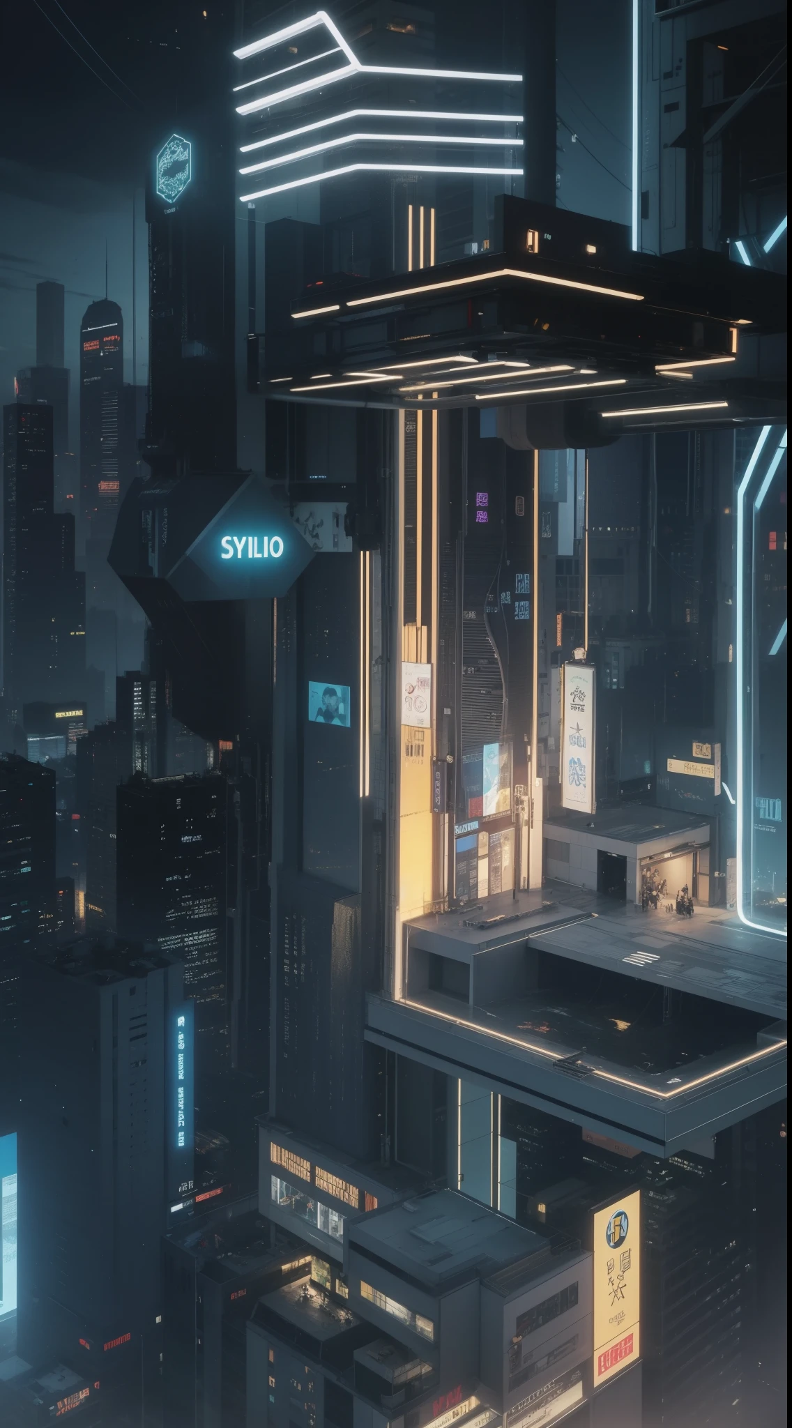 High-tech scene,lineworks,A sense of spatial extension,The style is cyberpunk,Mainly black and blue,well-illuminated,best qualtiy,tmasterpiece,