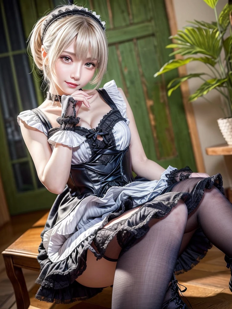 (8K, Photorealistic, Raw photo, of the highest quality: 1.3), (1girl in), Super beautiful, (Realistic face), (boyish, Silver Color Berry Shorthair), Beautiful , Glare that captivates the viewer, Beautiful expression, Beautiful breasts, (Realistic skin), Be...Super high quality, super high definition, super detailed, masterpiece, 20years old, female, cute, perfect face, beautiful, nice body, gothic ta clothes, gothic loliashion, frilly skirt, headdress, necklace, bracelet, knee-high socks, boots, double eyelids, tear bags, Detailed down to the fingers, photo-like description, indoors, dim indoor lighting, blonde hair, pony tail, standing, whole body, composition that shows the whole body, smiling