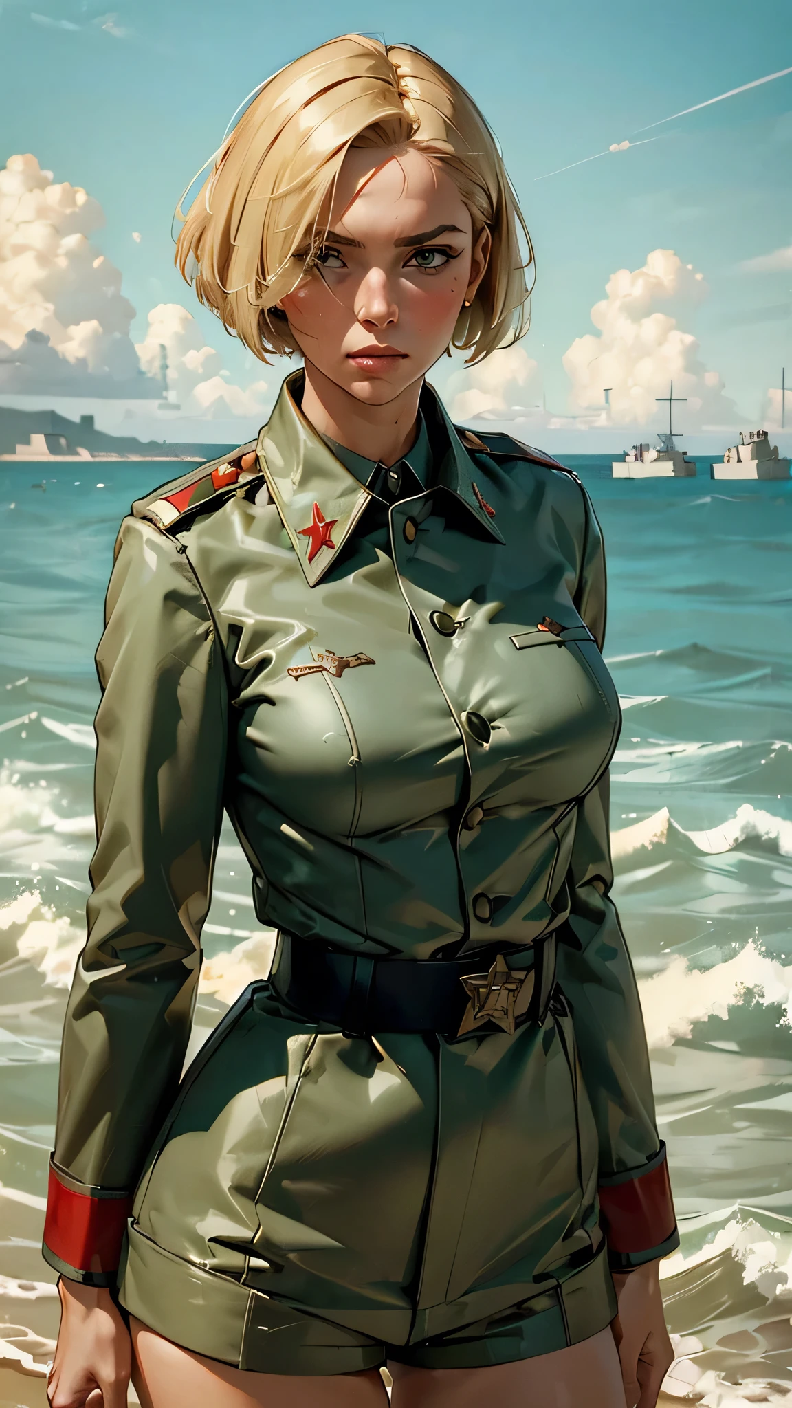 (masterpiece, Best quality, ultra detailed:1.3), 1 Girl, Sunny, On open air, ocean, clouds, I look at the viewer, (windy:1.2), (complex part, sexual, chill), military uniform, green short shorts,  (soviet poster:1.1) BREAK short blonde hair, (straightening my hair:1.1)  советская military uniform , Soviet officer&#39;s headdress with a red five-pointed star