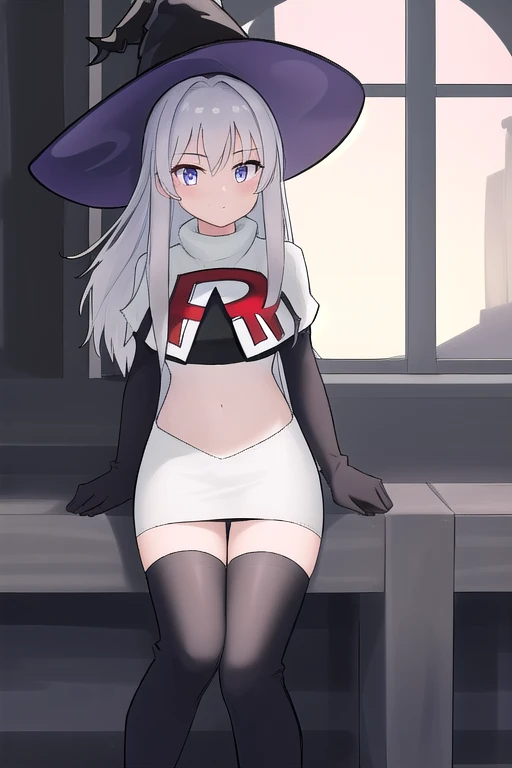 best quality, highly detailed, masterpiece, ultra-detailed, witch_hat, hat, 1girl, long_hair, solo, team rocket,team rocket uniform,white skirt,red letter R,crop top,black thigh-highs,black elbow gloves,looking_at_viewer, witch,