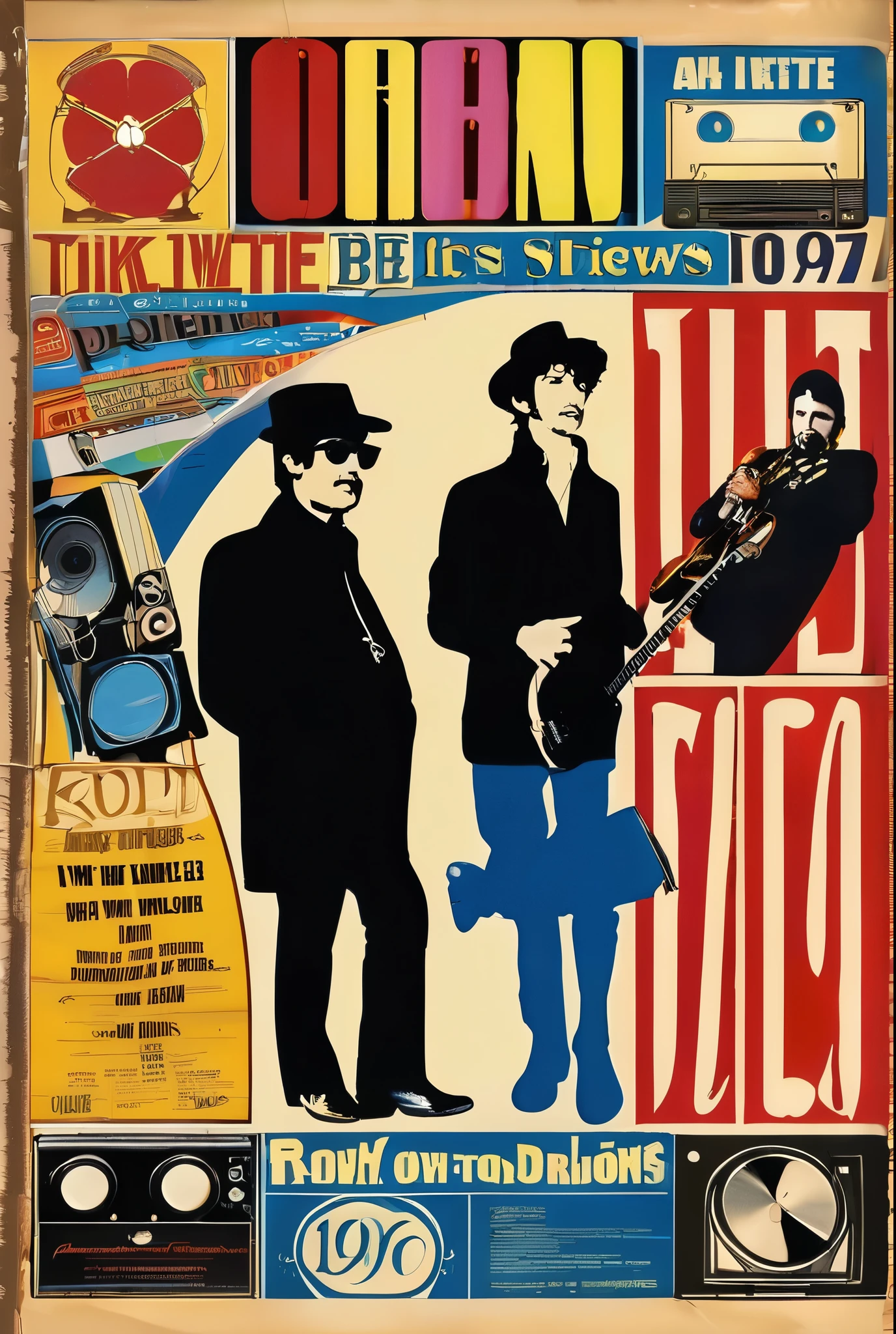 A depiction of a ficticious poster representing music from the 1960's to 1990, in a Nostalgic style for artists like, Hits from my younger days, Roxette, Alanis Morrisette, Annie Lennox, Ah-ha, Take That, Roy Orbison, Beach Boys, Cat Stevens, Kenny Rogers, BZN, Queen, Eddie Grant, Bob Dylan, faded news paper, brown paper bag, Style old movie posters 1968 to 1977, written in two word at the top, in red lines and bold font, with better resolution image, news paper print, almost 3D, lead drummer from the Beatles on his drums, all faces of people on poster must be detailed and accurate