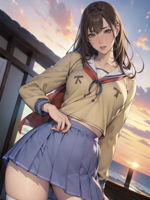 (8ก, 最high quality: 1.2), Very detailed, Complete solution, (Realistic, Realistic photo: 1.37), Portraiture, High resolution RAW color photograph, Professionally arrested, High resolution and beautiful, High resolution, 8ก Image Wallpaper, Amazing details, Large file size, Very detailedな美しい女の子, Very detailed face, (Super beautiful, well-defined eyes:1.8), The nose is precisely shaped., expressive lips,(sunset,Big House, Seaside restaurant background:1.2) , One Story, pretty girl, Realistic, (From below,Sealing:1.5),(Overlooking the view:1.5),                                                                               (Movie Scenes,Fantasy art,最high quality,high quality,High resolution,high qualityの質感,Attention to detail,Beautiful details,Fine details,Very detailedなCG,Detailed Texture,Realistic representation of face,Tabletop,before,dynamic,bold),1 Girl,Very detailedな肌,curve,(Under the chest:1.3),Beautiful breasts,Small breasts,Pale skin,(Very fine hairs),(Super soft hair),(Super Straight Hair),Long, slicked bangs,Very light coppery amber hair,Hair on one eye,Very lean body,Smart Abs,(Cropped School Uniform:1.5),(Open your mouth:1.3),My chest is visible、Nipples are visible、Pink nipples、Open chest、