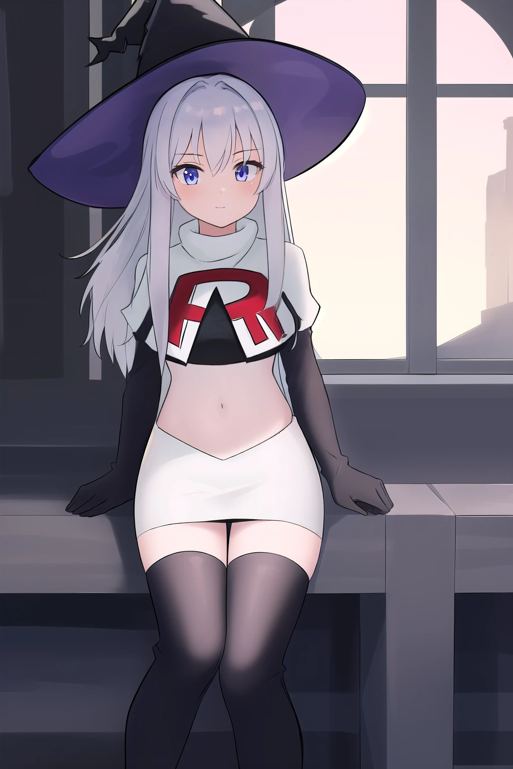 best quality, highly detailed, masterpiece, ultra-detailed, witch_hat, hat, 1girl, long_hair, solo, team rocket,team rocket uniform,white skirt,red letter R,crop top,black thigh-highs,black elbow gloves,looking_at_viewer, witch,