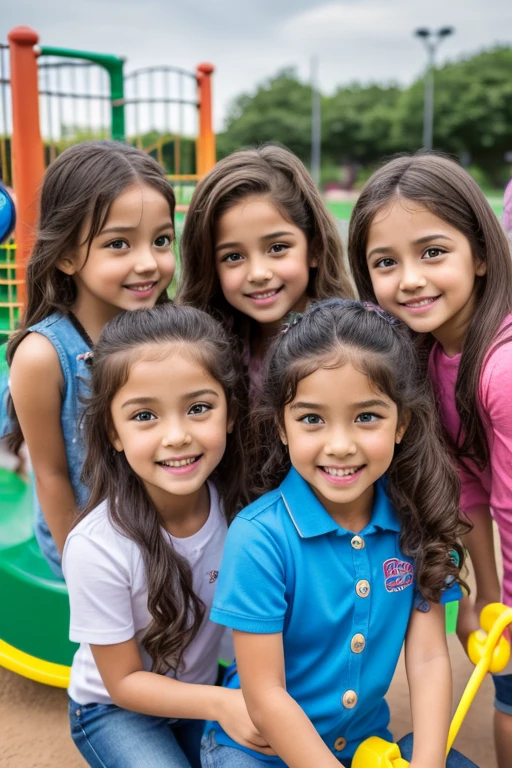 friends girls group highlights wearing a casual clothes highly detailed, 4 , innocent face, natural wavy hair, hazel eyes, Beauty 10 people, 10 people beauties, Casual clothes, A hyper-realistic, playing with toys expression, playground hiquality, Friends group, Nikon, Canon, Fujifilm, HD, 4K, 8k 