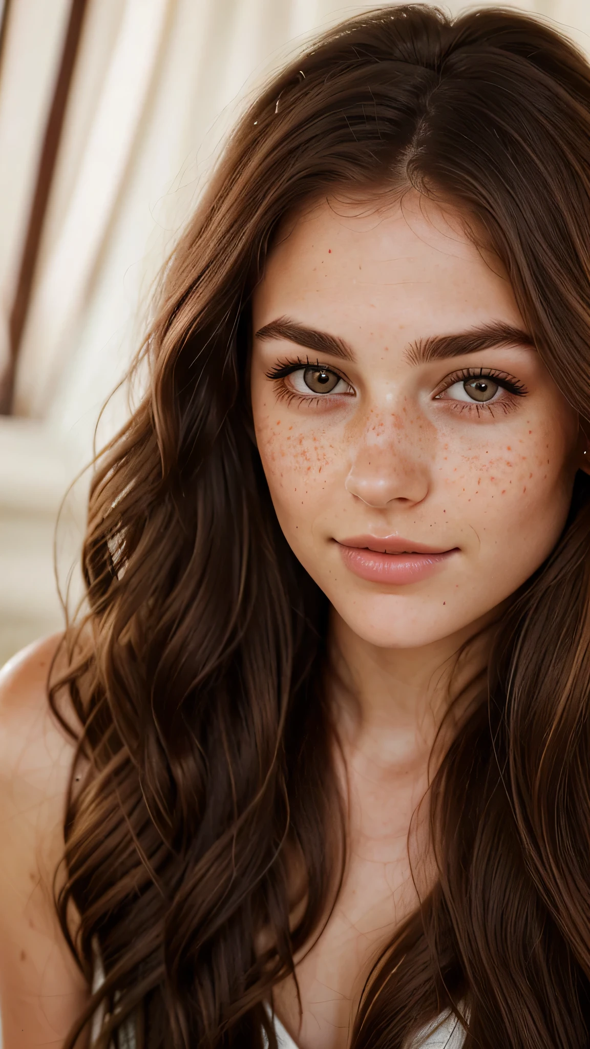 Emily Winters is a young woman with a heart-shaped face, radiant skin with a hint of freckles, and dark chocolate-colored eyes framed by long, thick lashes and elegantly arched eyebrows. She has full, rosy lips and her chestnut brown hair cascades in loose waves. close up portrait.