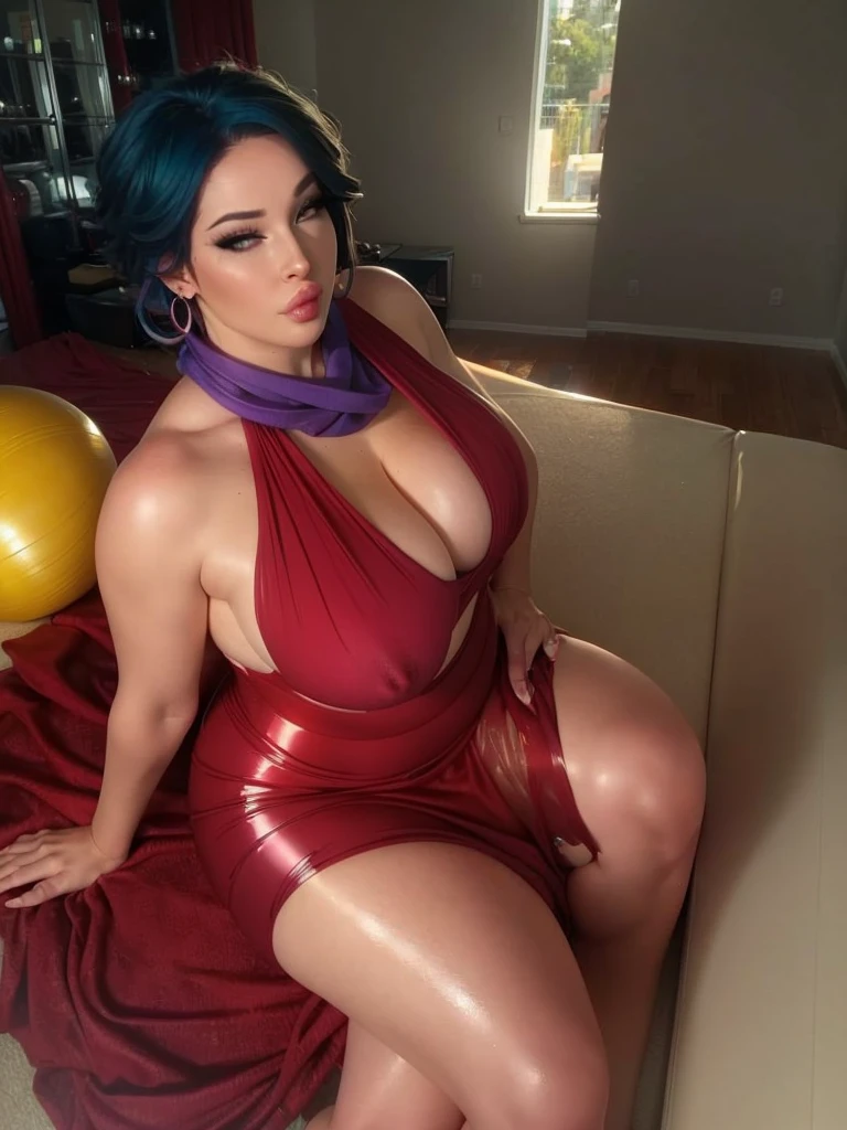 (ultra realistic,32k,RAW photo:1.1),(high detailed skin:1.1), 8k uhd, dslr, high quality, film grain, (makeup, mascara:1.1), lips,(thick\lips\), doing fitness with dumbbells, (shiny glossy translucent clothing:1.1), dragon ball, blmshort, aqua hair, very short hair, earrings, jewelry, red dress, yellow scarf, short dress, sleeveless, huge breast, (looking at viewer, sitting, crossed legs, from above:1.1),, (busty:1.1) , (chubby:0.1),(tenebrism:1.1),dark theme, blank background