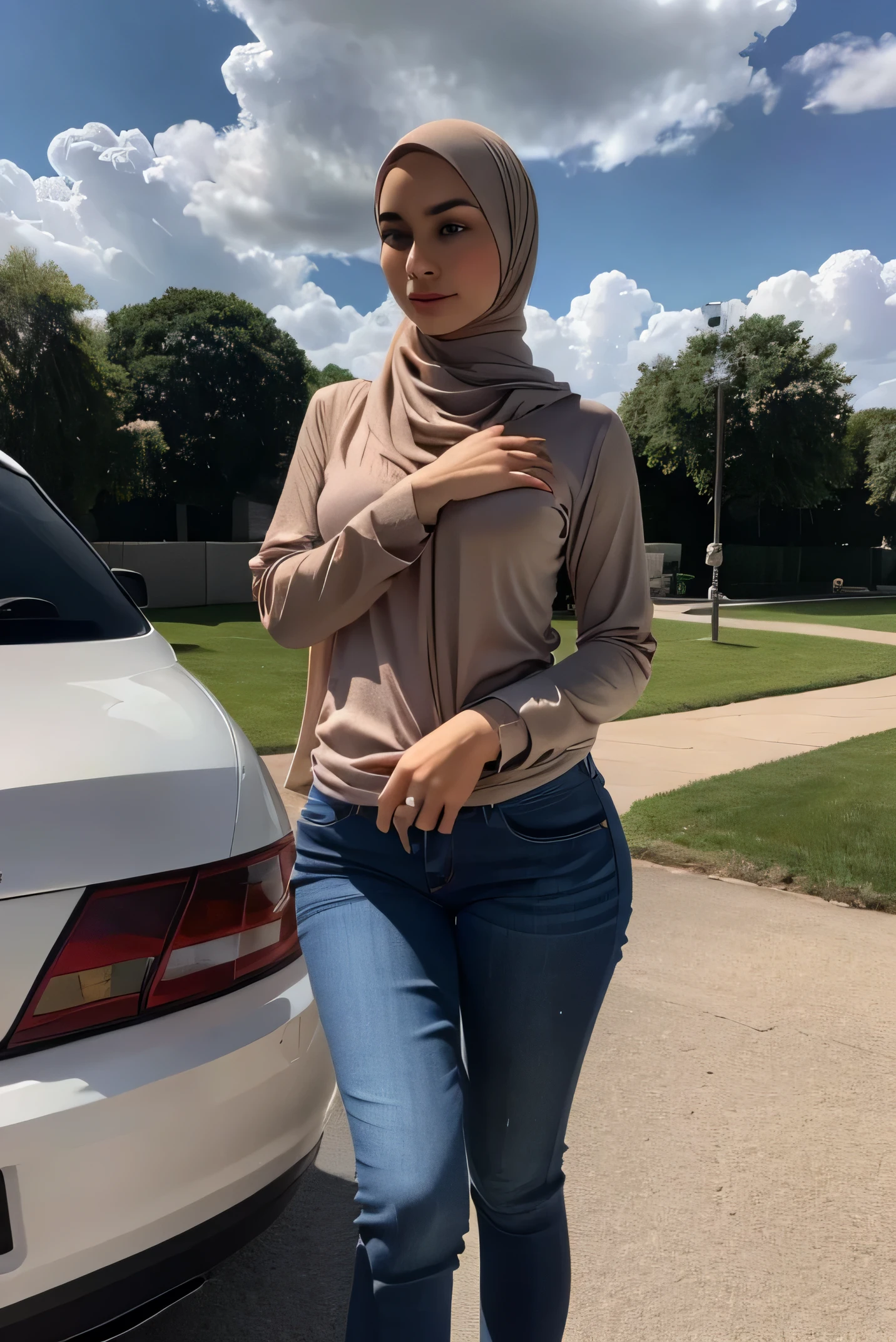 a beautiful woman, wearing a hijab, tight skinny jeans, photo realistic,