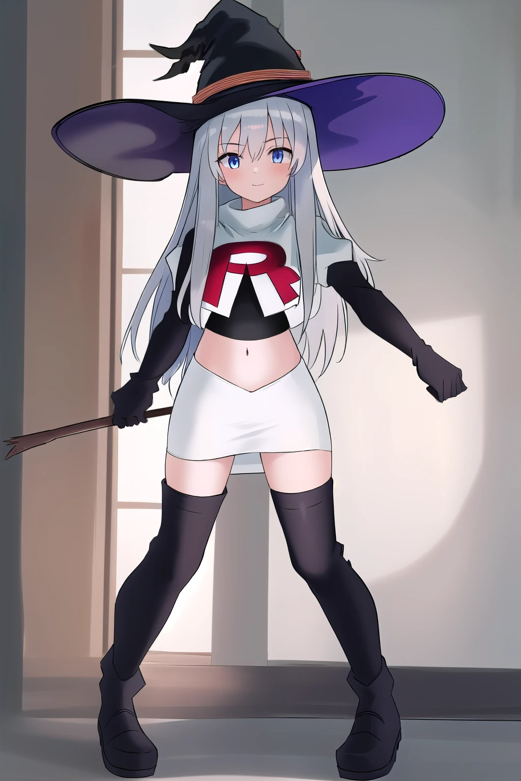 best quality, highly detailed, masterpiece, ultra-detailed, witch_hat, hat, 1girl, long_hair, solo, team rocket,team rocket uniform,white skirt,red letter R,crop top,black thigh-highs,black elbow gloves,looking_at_viewer, witch,