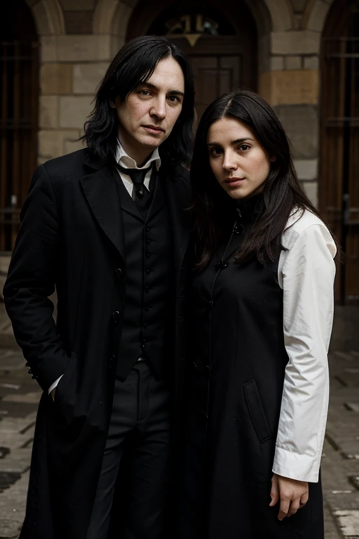 A beautiful black-haired girl with green eyes goes to a Yule ball with Severus Snape on her arm., and they look at them with admiration. pixar 3d cartoon