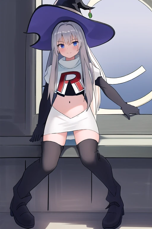 best quality, highly detailed, masterpiece, ultra-detailed, witch_hat, hat, 1girl, long_hair, solo, team rocket,team rocket uniform,white skirt,red letter R,crop top,black thigh-highs,black elbow gloves,looking_at_viewer, witch,