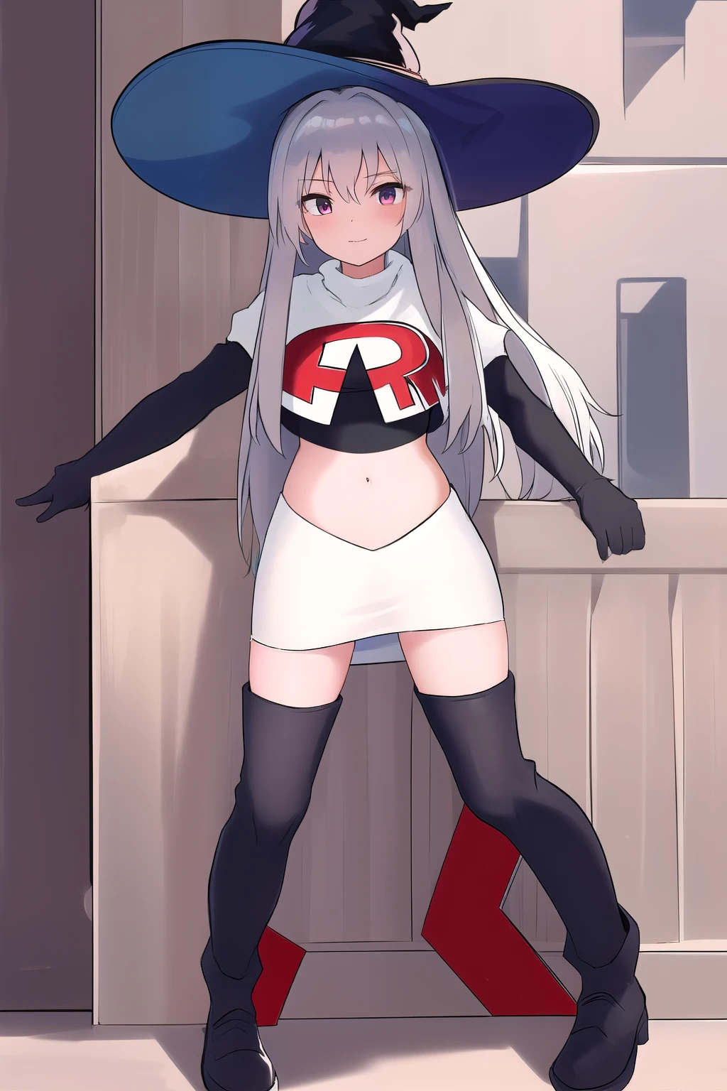 best quality, highly detailed, masterpiece, ultra-detailed, witch_hat, hat, 1girl, long_hair, solo, team rocket,team rocket uniform,white skirt,red letter R,crop top,black thigh-highs,black elbow gloves,looking_at_viewer, witch,