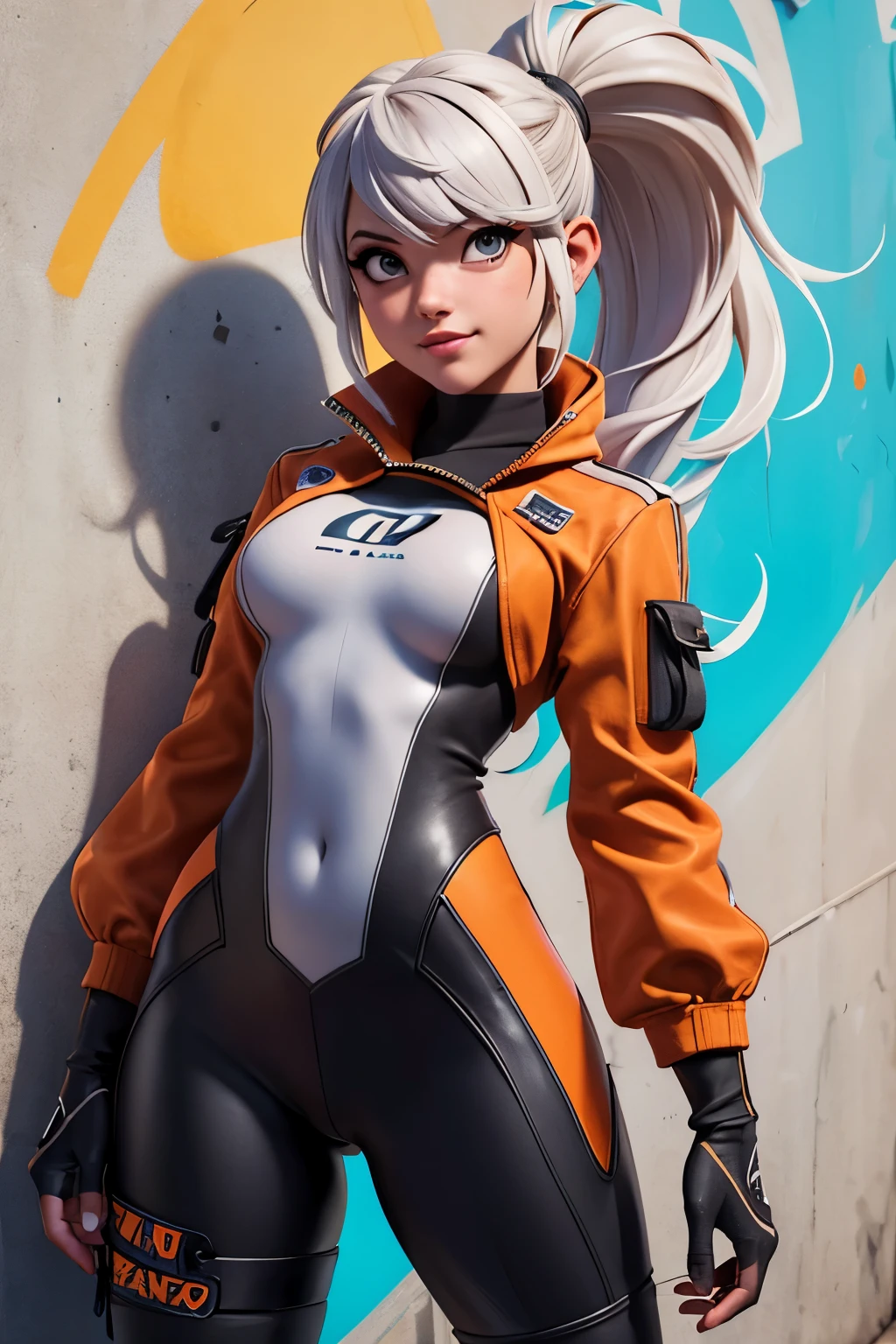 gwen tennyson,tracer,y'shtola rhul,yorha 2b,Supervision,nier automata,piloto mecha,pista escolar,tatuajes,plugsuit naranja y rosa,top blanco de lycra manga corta,leggins cargo blancos,vientre descubierto,cabello corto,maquillaje punk,ojos verdes,cabello plateado multicolor,sonrisa sexy,pecas,hermosa chica,Pechos grandes,8K,ultra detallado,realista,fantasy art,uniforme militar,perforaciones en las orejas,traje deportivo,chica saiyajin,sudadera deportiva de manga corta,arte de la pared de graffiti,correr,collar de etiqueta de perro,cuerpo mojado, ponytail, bodysuit naranja