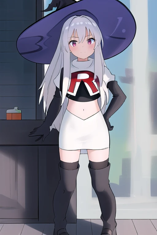 best quality, highly detailed, masterpiece, ultra-detailed, witch_hat, hat, 1girl, long_hair, solo, team rocket,team rocket uniform,white skirt,red letter R,crop top,black thigh-highs,black elbow gloves,looking_at_viewer, witch,