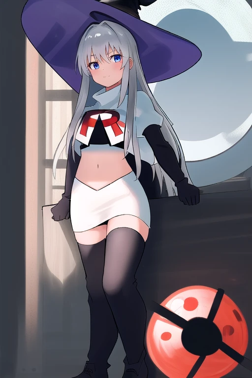 best quality, highly detailed, masterpiece, ultra-detailed, witch_hat, hat, 1girl, long_hair, solo, team rocket,team rocket uniform,white skirt,red letter R,crop top,black thigh-highs,black elbow gloves,looking_at_viewer, witch,