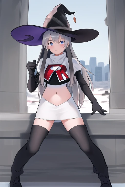 best quality, highly detailed, masterpiece, ultra-detailed, witch_hat, hat, 1girl, long_hair, solo, team rocket,team rocket uniform,white skirt,red letter R,crop top,black thigh-highs,black elbow gloves,looking_at_viewer, witch,