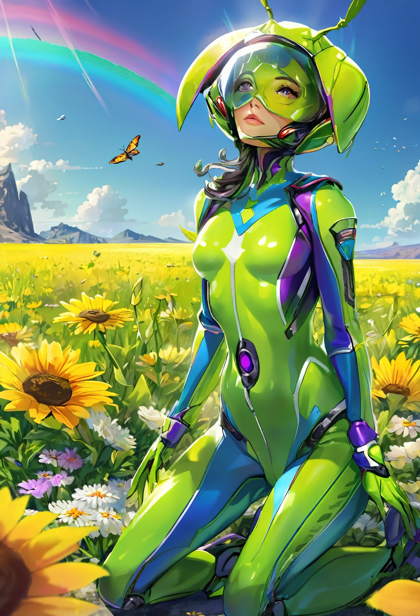 A woman grasshopper(age 25),green body with bright colored wings,rainbow chromatic compound eyes,hard chitinous plates,minimal clothing,admiring flowers,UFO nearby,sunny landscape,detailed face,detailed eyes,detailed lips,beautiful detailed features,highly detailed,realistic,photorealistic,4k,8k,highres,masterpiece,ultra-detailed,vivid colors,studio lighting,sharp focus,physically-based rendering
