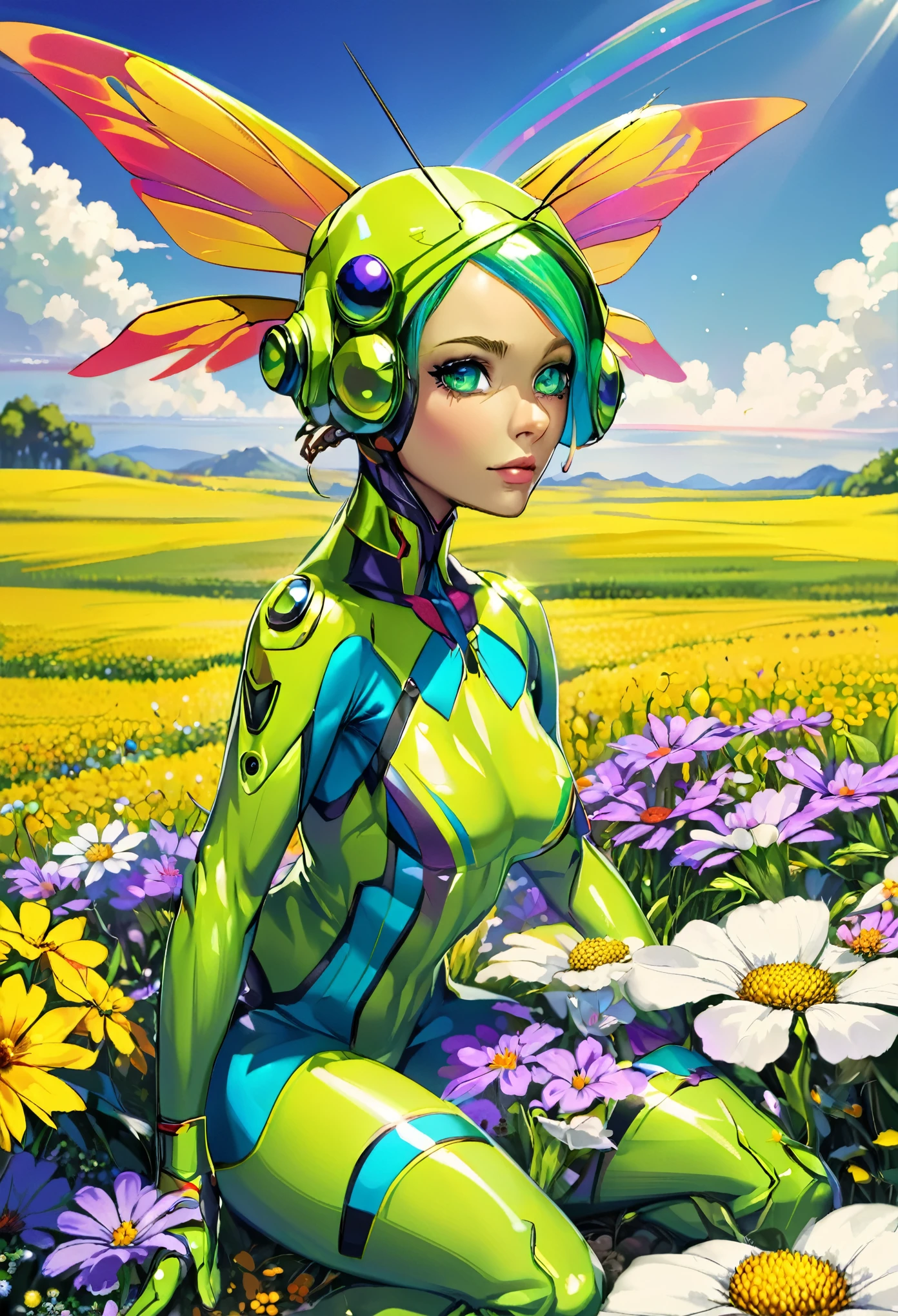 A woman grasshopper(age 25),green body with bright colored wings,rainbow chromatic compound eyes,hard chitinous plates,minimal clothing,admiring flowers,UFO nearby,sunny landscape,detailed face,detailed eyes,detailed lips,beautiful detailed features,highly detailed,realistic,photorealistic,4k,8k,highres,masterpiece,ultra-detailed,vivid colors,studio lighting,sharp focus,physically-based rendering
