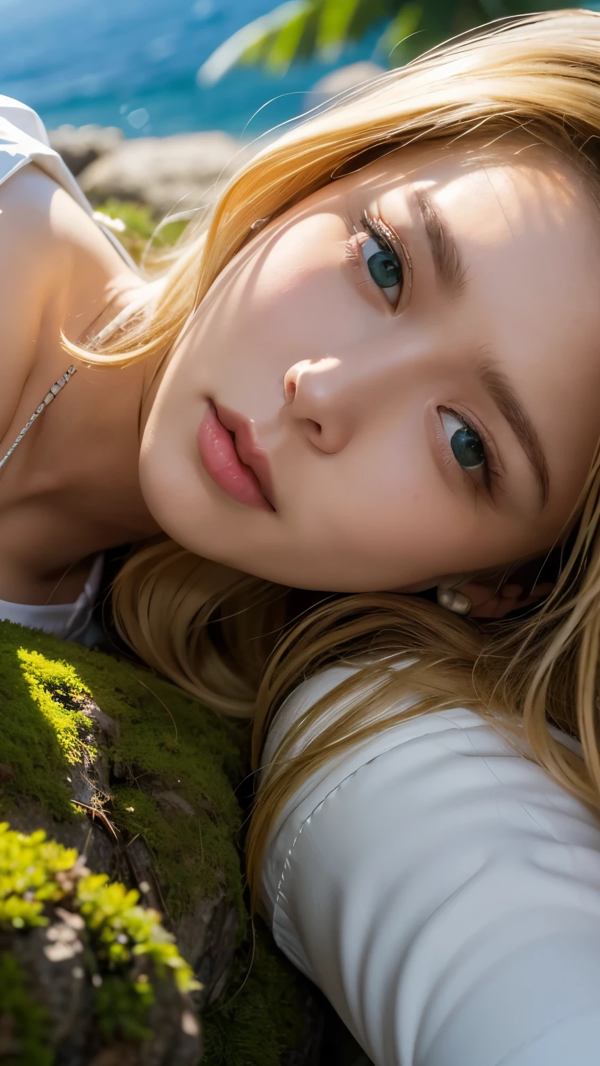 Strong light, Strong contrast, In an open-roofed cave、Sunlight shines through green moss and ferns。, And open( Ocean View:1.1) end, Cel-shaded rendering, 4K, 360 degrees, Equirectangular projection, what, One Girl, 30-year-old woman､Beautiful woman､Long Blonde Hair､White Latex Leotard､White long boots､White arm covers､masterpiece, 最high quality, high quality, High resolution, (((Face close-up)))、、Cleavage