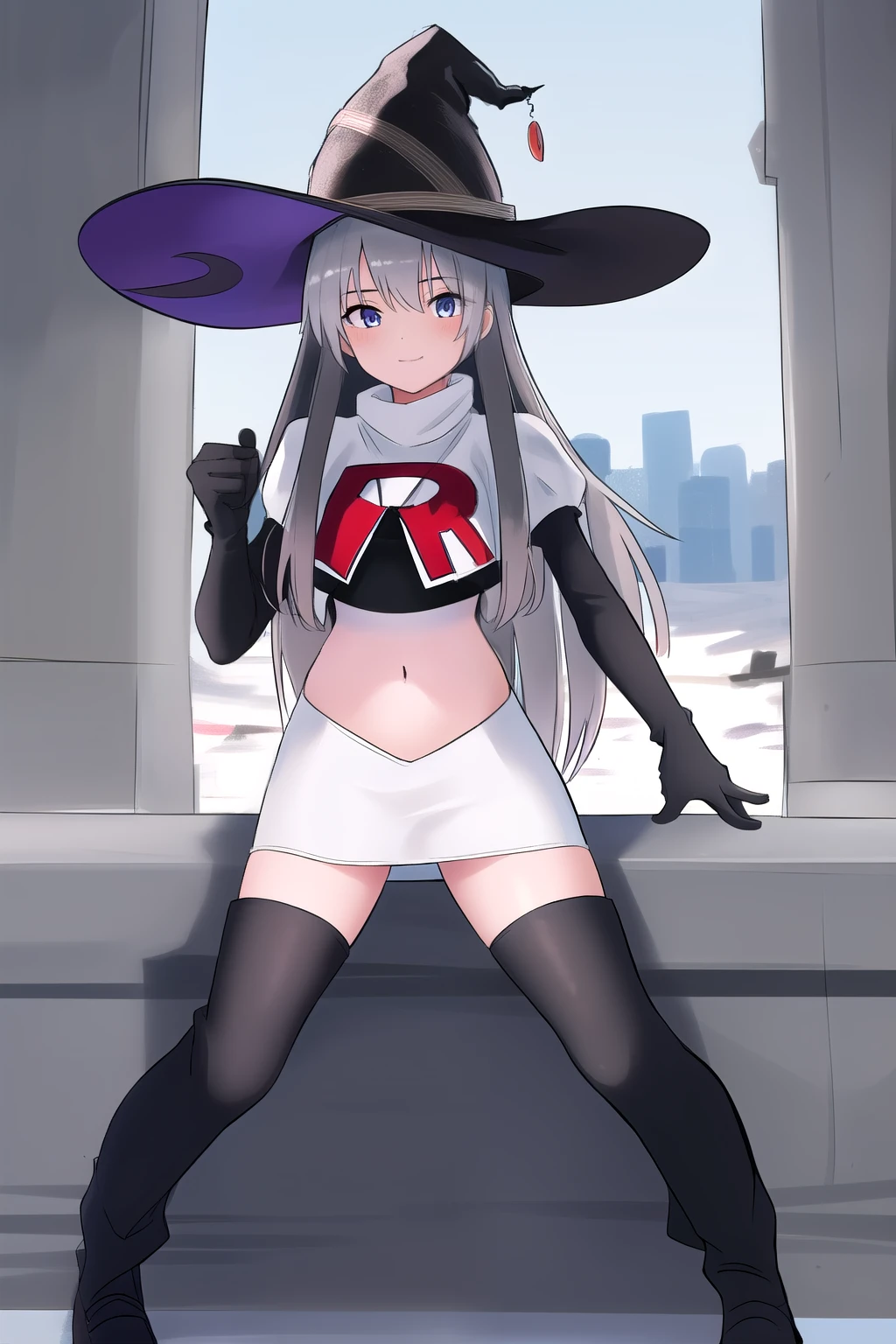 best quality, highly detailed, masterpiece, ultra-detailed, witch_hat, hat, 1girl, long_hair, solo, team rocket,team rocket uniform,white skirt,red letter R,crop top,black thigh-highs,black elbow gloves,looking_at_viewer, witch,