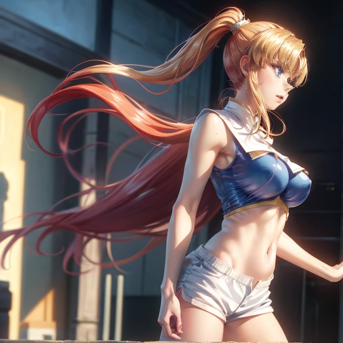 (masterpiece), anime, highest quality, Excellent anatomy, One Girl, On my knees,  Big Breasts, Realistic Face, Gloomy face, Blonde Hair, Filmography, blue eyes, Ponytail Hair , Red hairpin, White shorts, Blue Top, belly button, Sleeveless, White Running Shoes, Hidden Breasts, Hidden neck, Gym